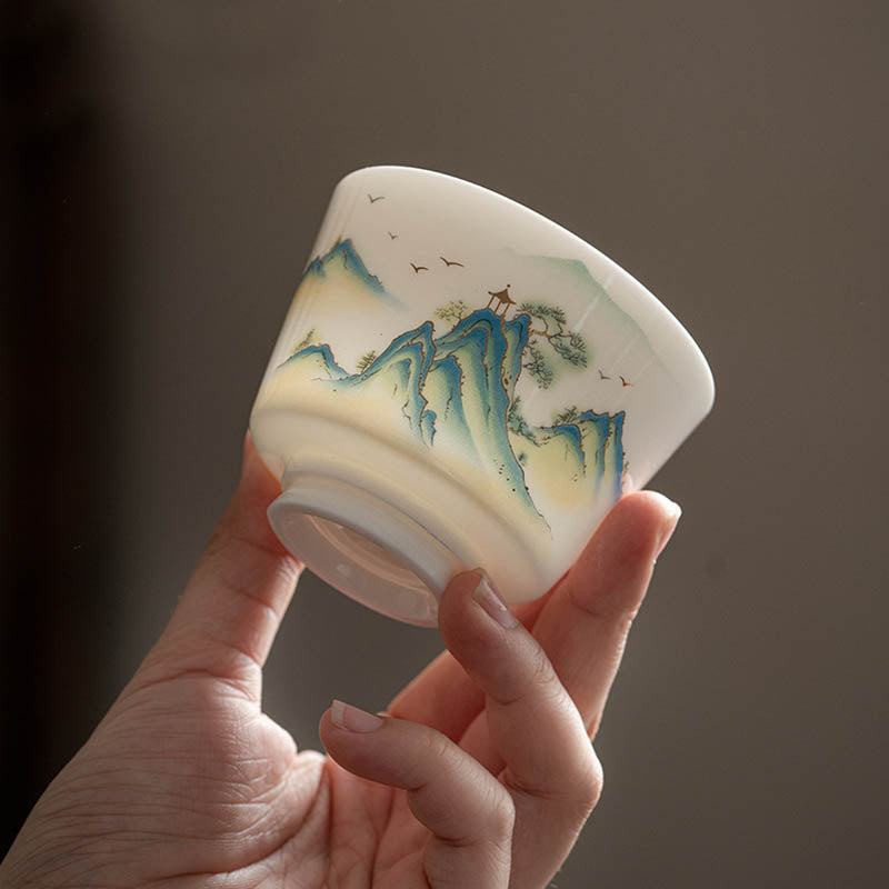 Taza de té de cerámica con Buddha Stones, flor de loto, hoja, montaña, pabellón, alce, peonía, taza de té de Kung Fu
