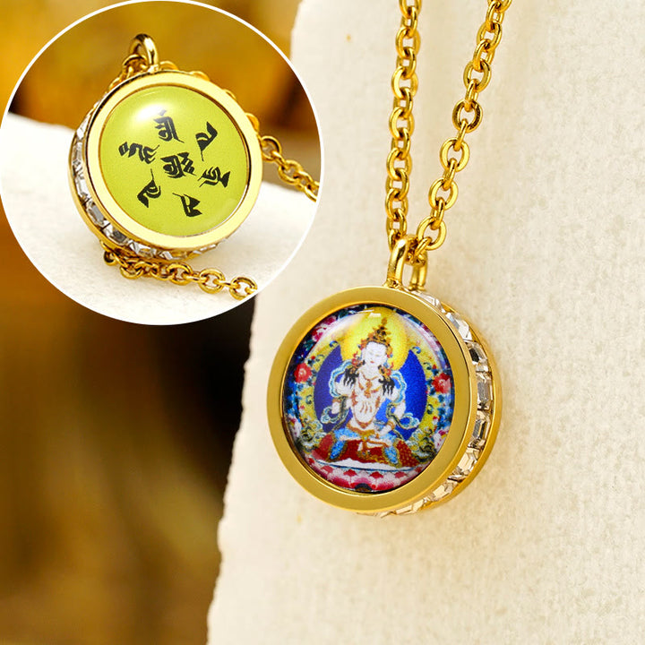 Buddha Stones tibetano amarillo dios de la riqueza Tara verde Buda serenidad collar de acero titanio colgante - Bodhisattva Vajrasattva frontal Mantra posterior - image 11