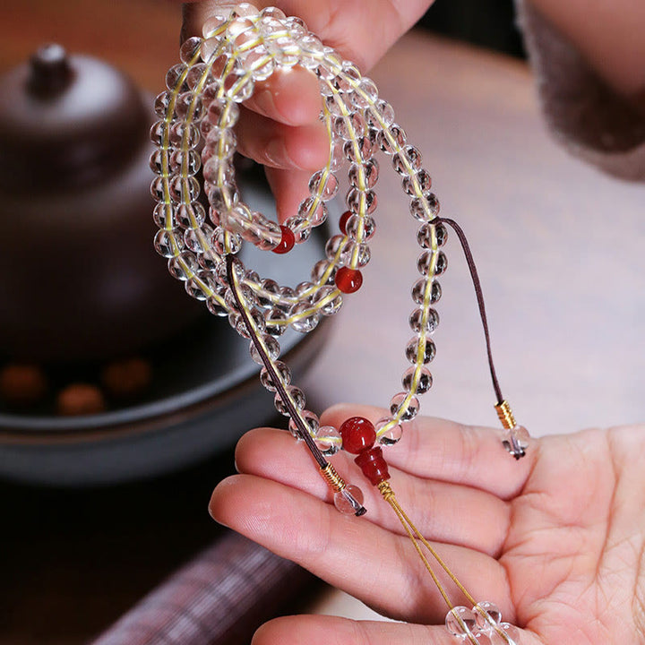Buddha Stones 108 cuentas Mala Plata de Ley 925 ágata blanca Natural ágata roja pulsera de protección cuádruple
