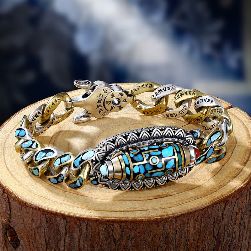 Pulsera giratoria de protección turquesa con cuentas Dzi de nueve ojos tibetanas de Buddha Stones Om Mani Padme Hum - Cuenta Dzi de Nueve Ojos (Riqueza ♥ Protección) - 22 cm apto para circunferencia de muñeca de 20 cm - image 1