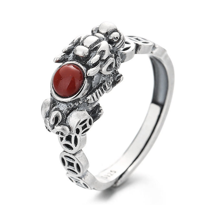Anillo de la suerte de la riqueza de la ágata roja de la moneda de cobre de las Buddha Stones PiXiu