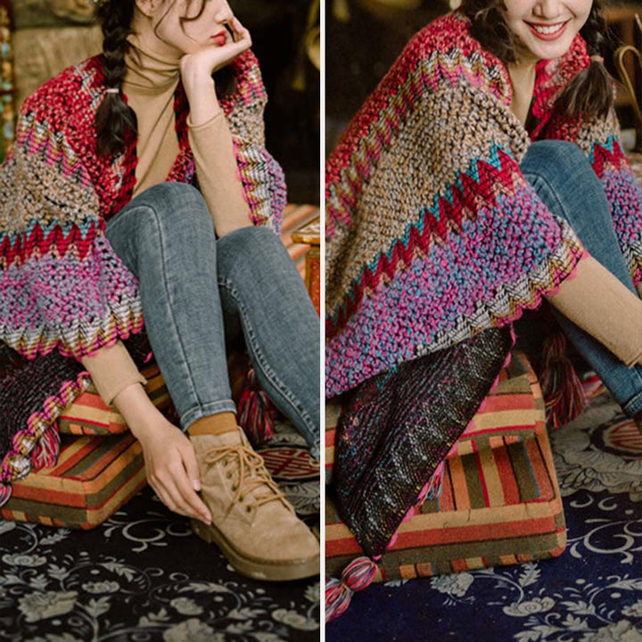 Buddha Stones, capa cálida tejida, bufanda con borlas tibetanas - image 9