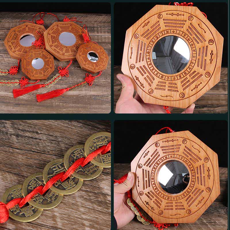 Feng Shui Bagua Mapa Madera de Durazno Monedas de Cinco Emperadores Equilibrio de Nudos Chinos Espejo de Mapa de Energía - image 8