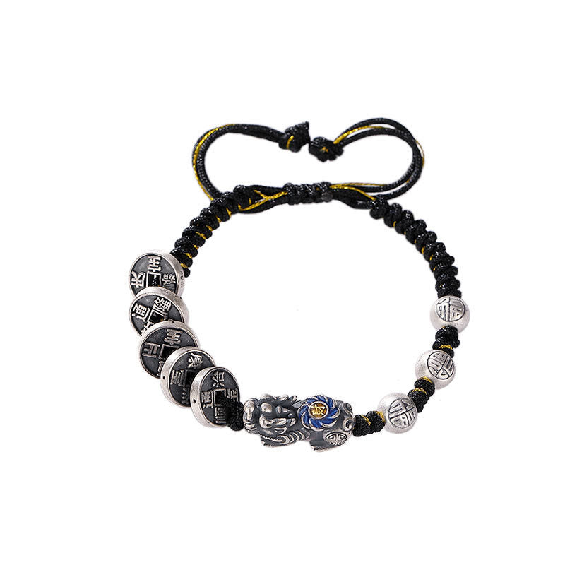 Pulsera trenzada de plata de ley 999 con Buddha Stones FengShui PiXiu, moneda de cobre, personaje Fu, riqueza