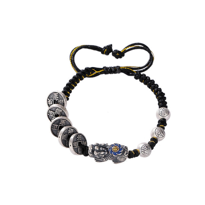 Pulsera trenzada de plata de ley 999 con Buddha Stones FengShui PiXiu, moneda de cobre, personaje Fu, riqueza