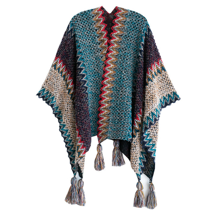 Mantón tibetano de Buddha Stones , bufanda cálida con borlas y patrón ondulado azul, Beige y rojo para invierno