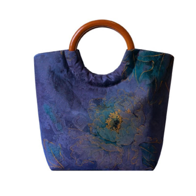 Bolso de mano con mango de madera maciza, Buddha Stones , flor de peonía, hojas de bambú, pájaro