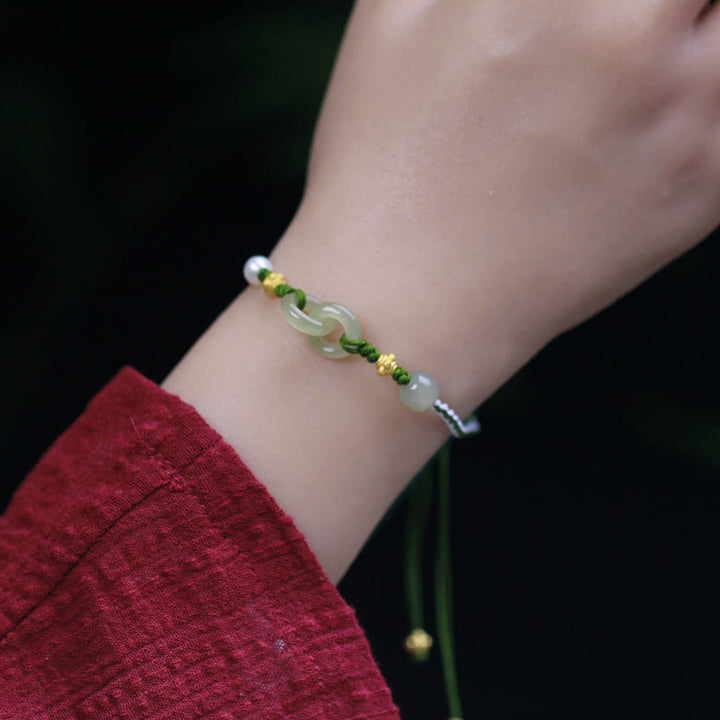 Pulsera trenzada de la suerte con hebilla de paz doble de jade hetiano de plata de ley 925 con Buddha Stones