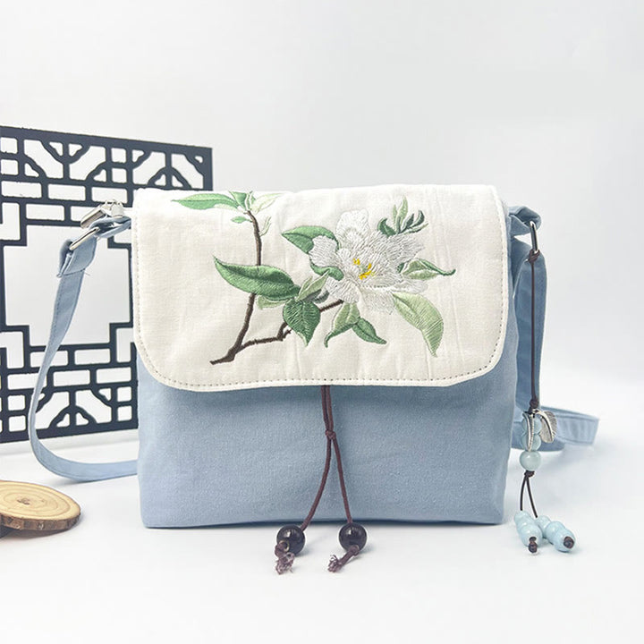 Buddha Stones Camelia bordada Epiphyllum Gardenia Sakura Flores Bolso bandolera Bolso de hombro Bolso para teléfono móvil