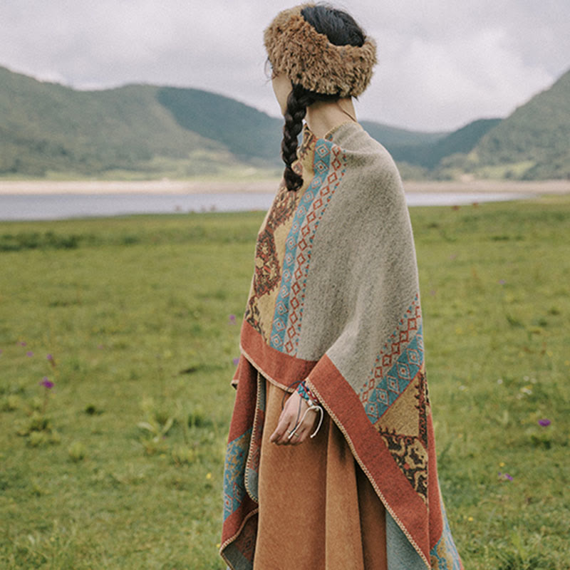 Bufanda de capa cálida de invierno con patrón de diamantes de chal tibetano de Buddha Stones