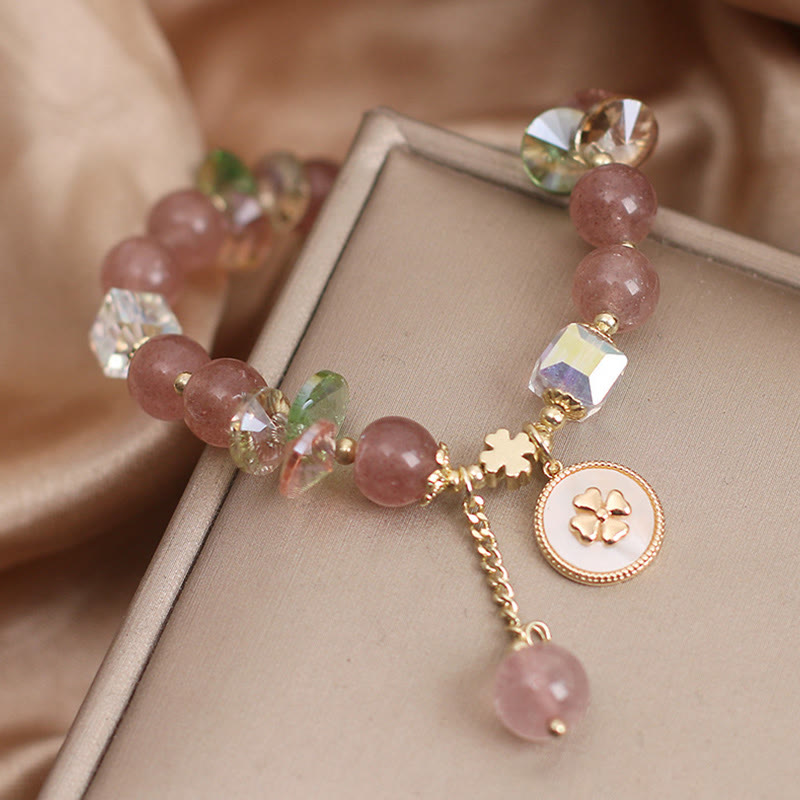 Pulsera con dijes curativos de trébol de cuatro hojas de la suerte, cuarzo fresa, Buddha Stones