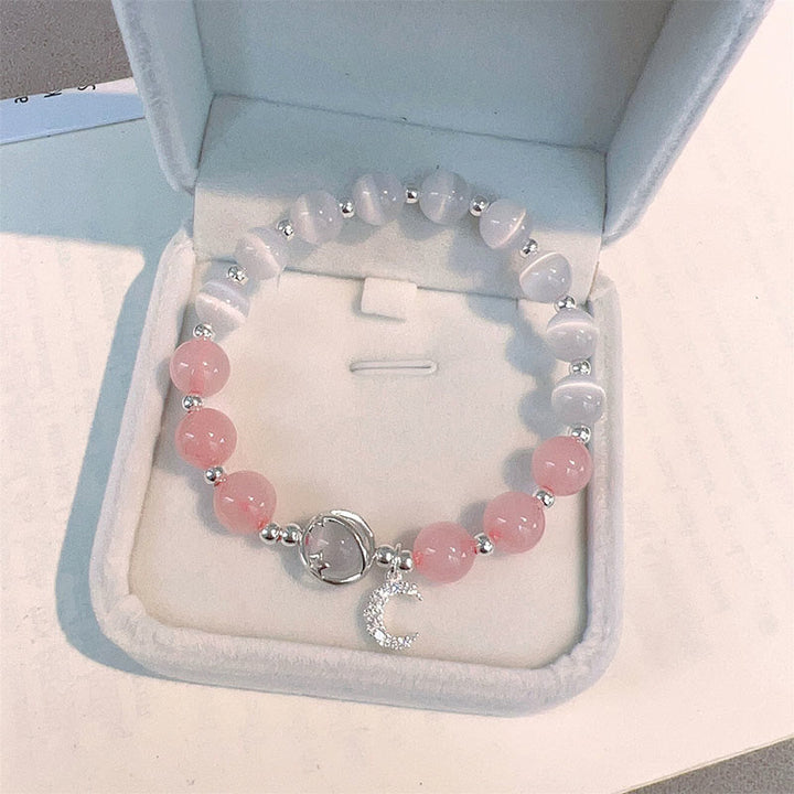 Pulsera con dije de amor y luna de cristal rosa, ojo de gato natural , Buddha Stones