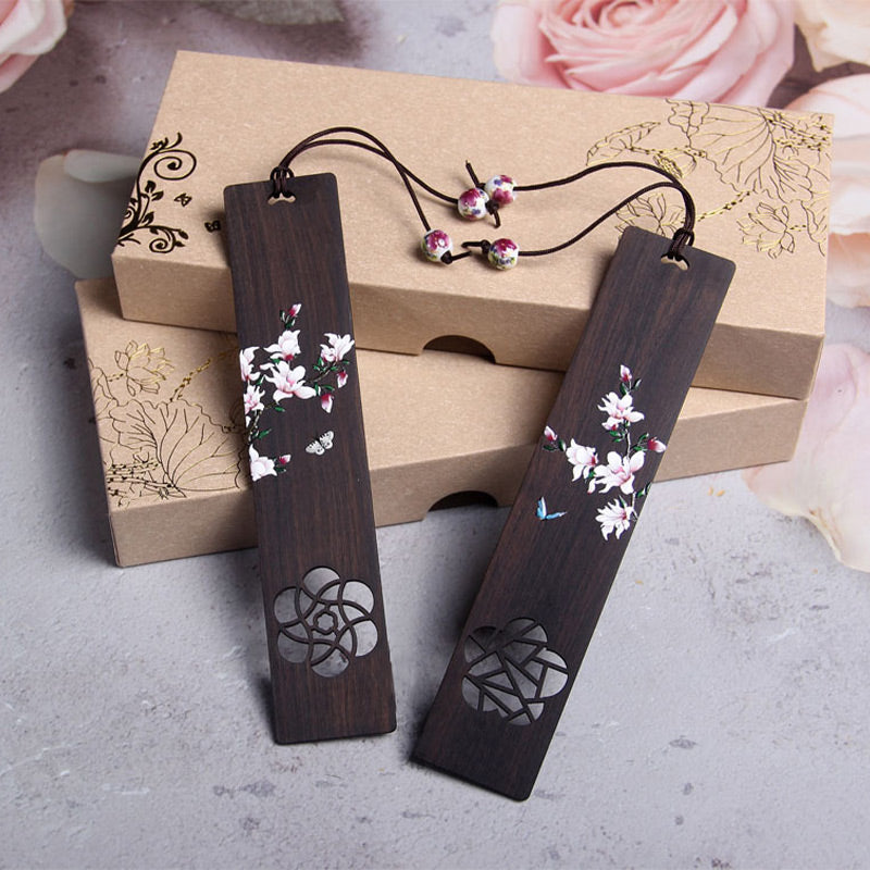 Marcadores de madera de ébano con flores de mariposa y Buddha Stones con caja de regalo