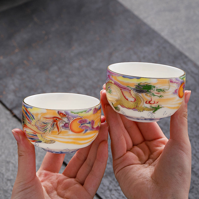 Taza de té de cerámica con Buddha Stones, dragón, Fénix, nubes propicias, sol, olas del océano, taza de té de Kung Fu