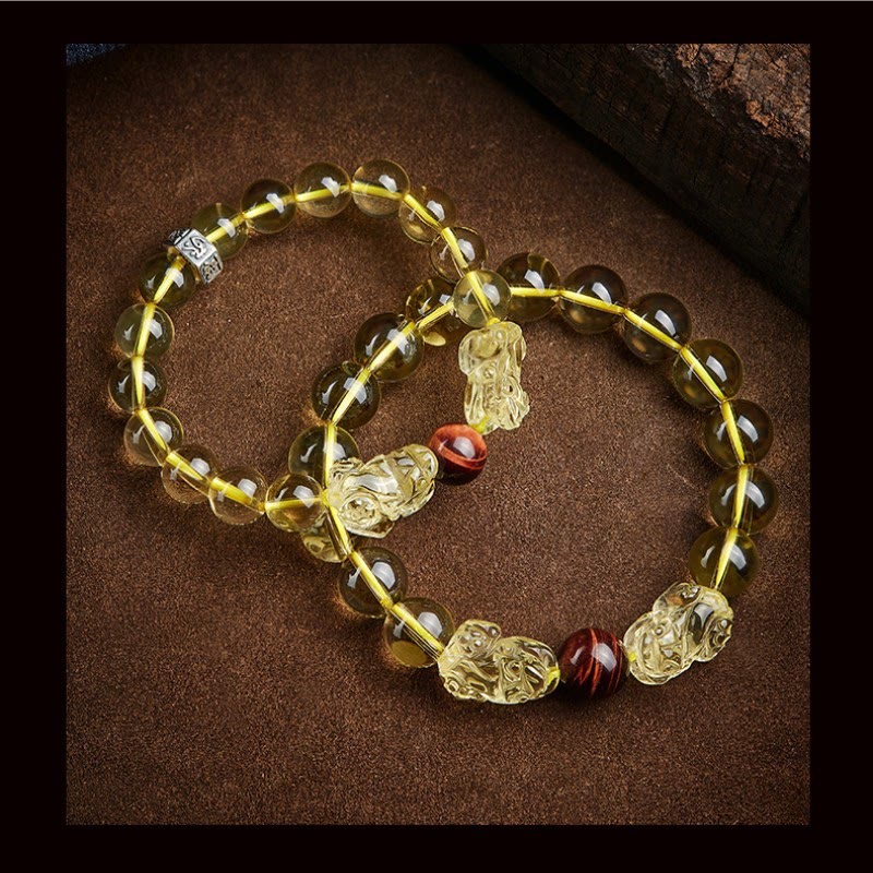 Pulsera de protección de prosperidad de ojo de tigre doble PiXiu de citrino natural de Buddha Stones