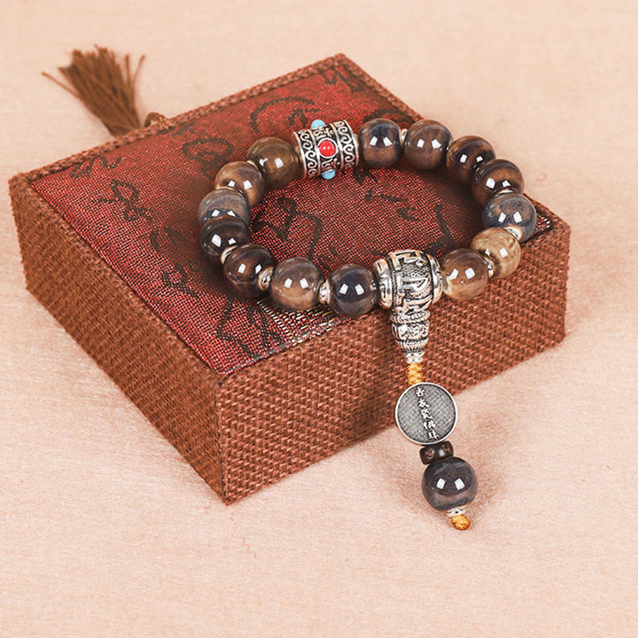 Buddha Stones Tíbet Om Mani Padme Hum Rueda de oración Dorje Vajra Pulsera de sabiduría con cuentas de vidrio grabadas