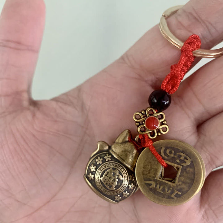 Buddha Stones Feng Shui Cinco Monedas Emperador Gato de la Suerte Dinero Riqueza Llavero