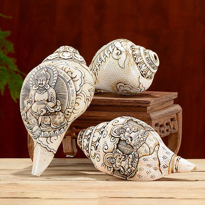 Concha tibetana hecha a mano grabada Shankha Buddha Avalokitesvara, decoración de riqueza
