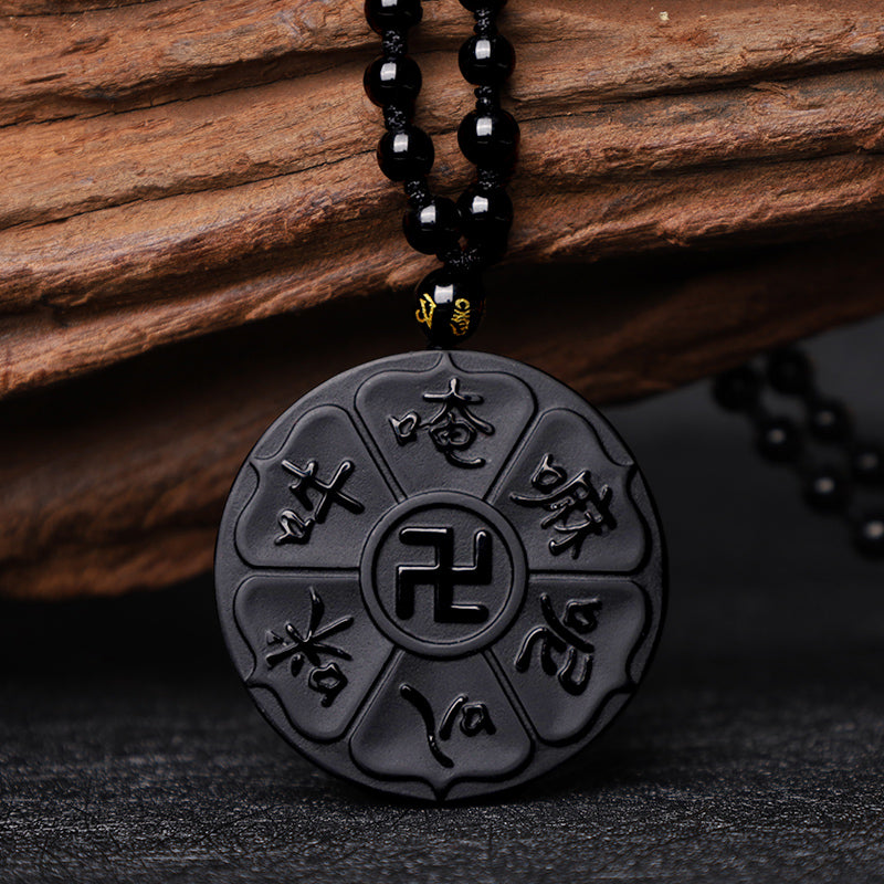 Buddha Stones, obsidiana negra Natural, Om Mani Padme Hum tibetano, colgante de collar de la suerte de la esvástica de Buda