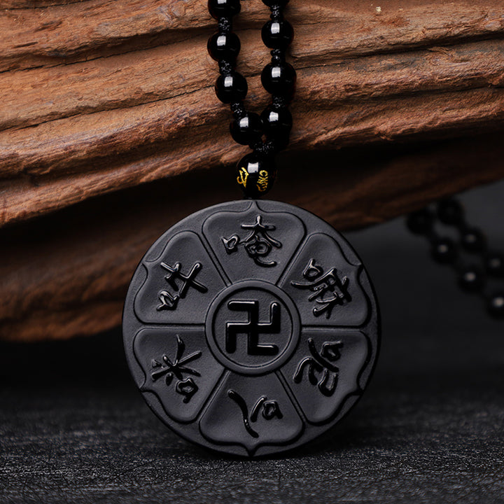 Buddha Stones, obsidiana negra Natural, Om Mani Padme Hum tibetano, colgante de collar de la suerte de la esvástica de Buda