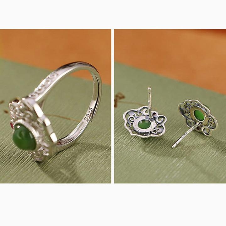 Juego de pendientes de anillo de la suerte con diseño hueco de jade cian hetiano natural de plata de ley 925 con Buddha Stones