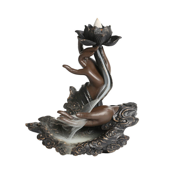 Quemador de incienso de reflujo de resina para meditación, diseño de nubes propicias, mano de Buda de loto, Buddha Stones