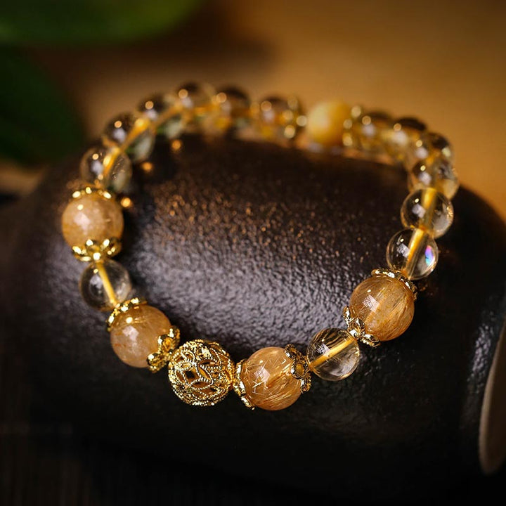 Pulsera de protección de prosperidad de cuarzo rutilado con amatista citrino natural de Buddha Stones