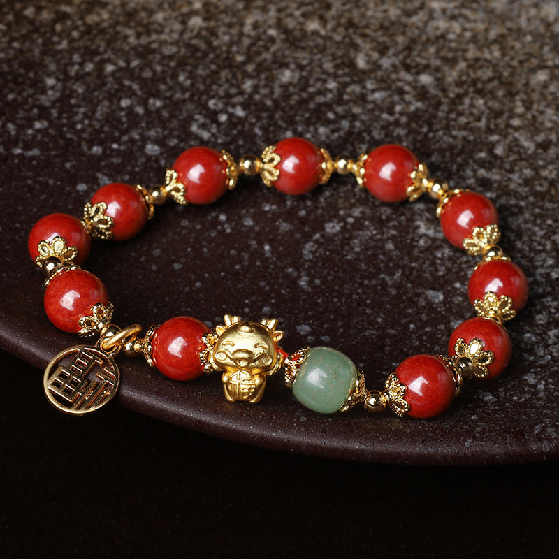 Buddha Stones Año del Dragón Cinabrio Natural Fu Carácter Charm Pulsera de Bendición