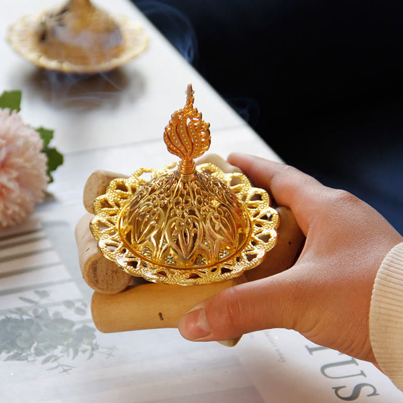 Mini quemador de incienso curativo de aleación de oro con decoración del hogar de posavasos de madera