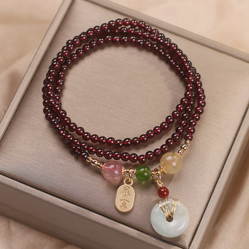 Pulsera de triple envoltura con Buddha Stones, granate Natural, fresa, cristal de cuarzo, zorro, pez Koi, hebilla de la paz, protección de la fortuna