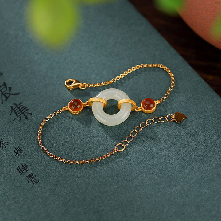 Pulsera de la Buddha Stones, Plata de Ley 925 chapada en oro, Jade Hetiano Natural, hebilla de la paz, ágata roja