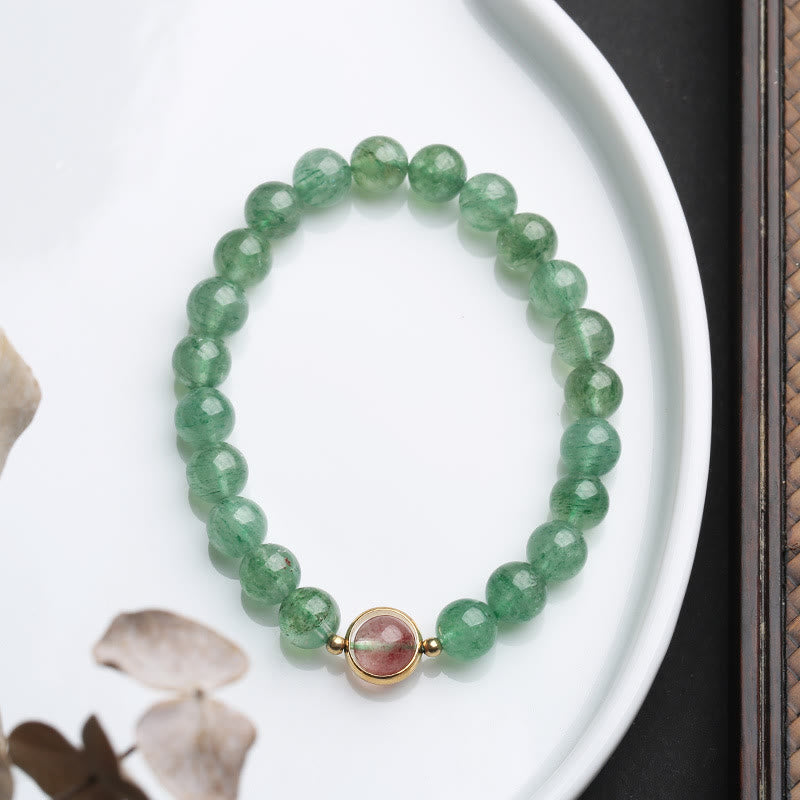 Pulsera de cuentas relajantes de cuarzo fresa verde natural con Buddha Stones