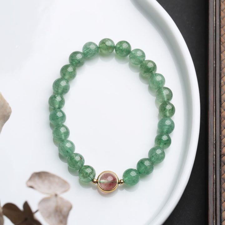 Pulsera de cuentas relajantes de cuarzo fresa verde natural con Buddha Stones