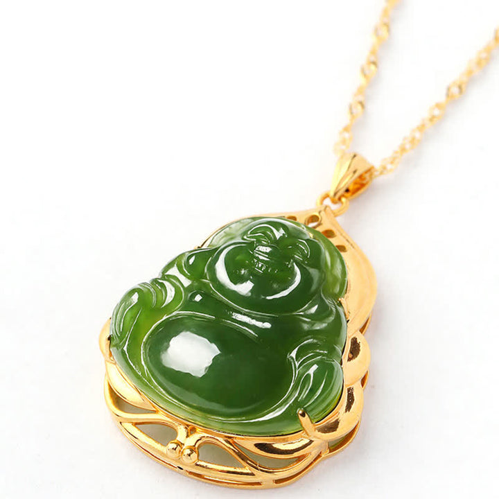 Colgante de cadena de collar curativo de oro de 18 quilates de Buda sonriente de jade cian hetiano natural de plata de ley 925 - image 12