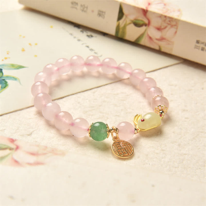 Año del Conejo Pulsera de Felicidad Amor Conejito Ágata Verde Cristal Rosa Natural