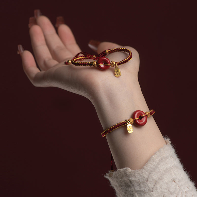 Pulsera trenzada de bendición con dije de personaje Fu con hebilla de paz y cinabrio natural con Buddha Stones