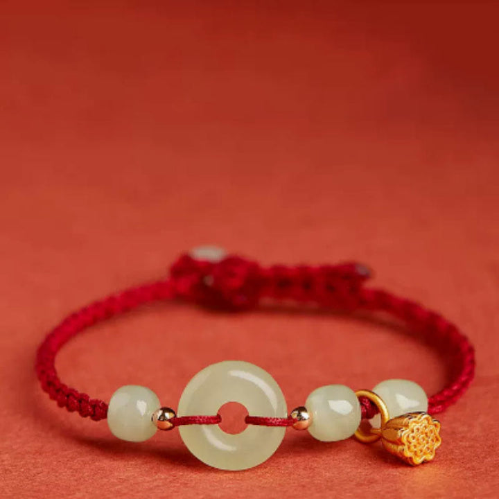 Pulsera de Buddha Stones, hebilla redonda de la paz, Jade, loto, felicidad, abundancia y riqueza