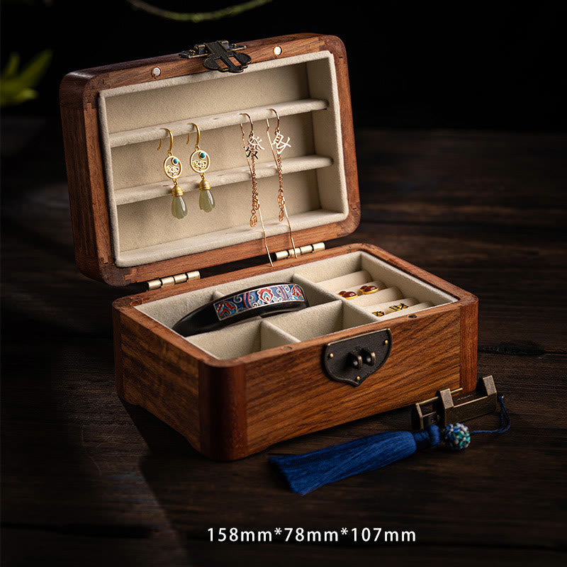 Caja de almacenamiento de joyería de palisandro con estampado floral hecha a mano retro, caja organizadora de regalo de madera con cerradura