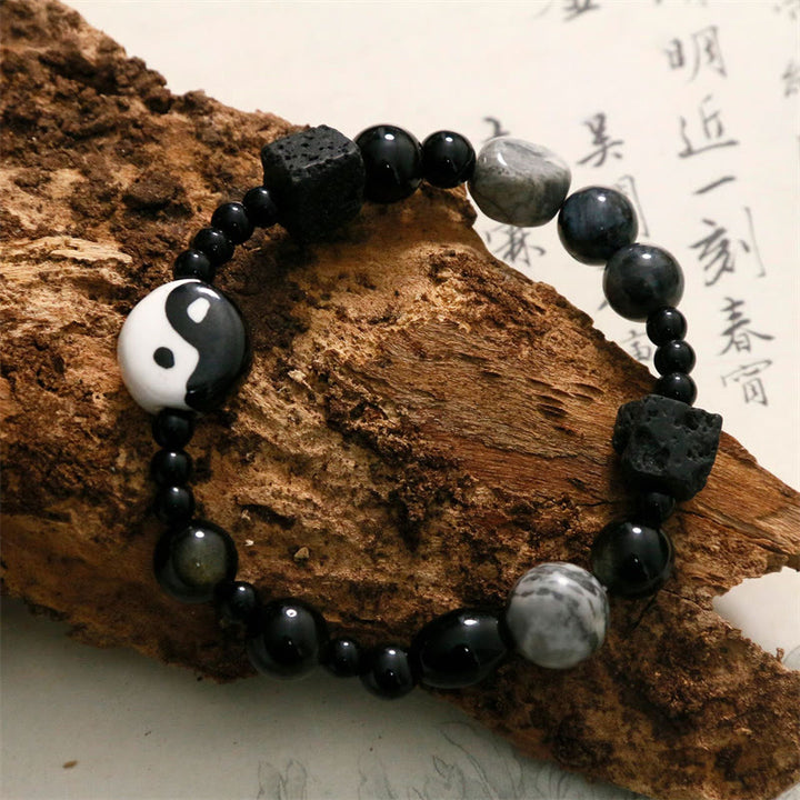 Pulsera de protección de la fortuna Yin Yang con cuentas de jaspe Picasso de ónix negro y Buddha Stones