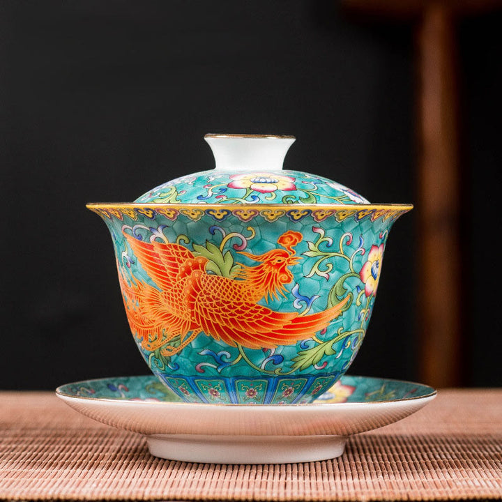 Taza de té de cerámica con diseño de flor de Fénix y dragón, Buddha Stones , Gaiwan Sancai, taza de té de Kung Fu y platillo con tapa