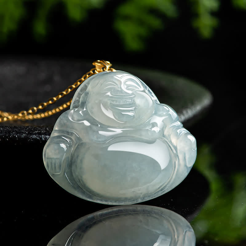 Colgante de collar de abundancia de oro de 18 quilates con jade natural de Buda sonriente - image 2