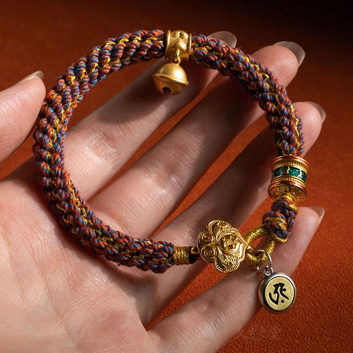 Pulsera de cuerda trenzada con campana de la suerte, Om Mani Padme Hum, Buda natal del zodíaco chino, Plata de Ley 925 con Buddha Stones