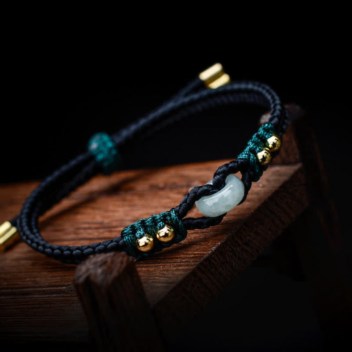 Pulsera de hilo de riqueza de abundancia de jade con hebilla de paz redonda con Buddha Stones