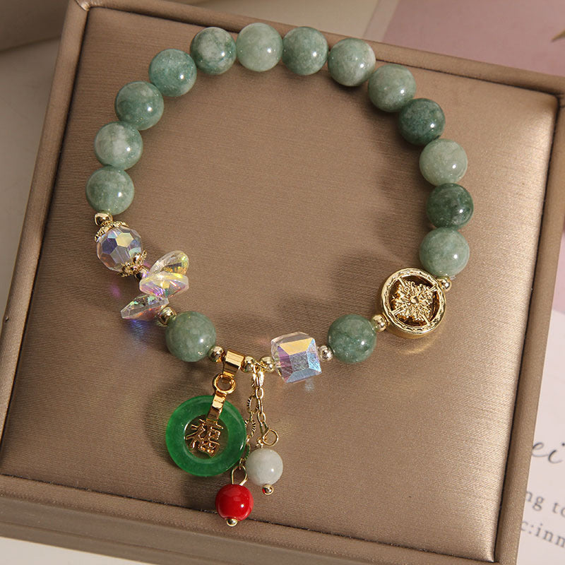 Pulsera curativa con dije de personaje Fu de jade, cuarzo fresa y piedras de Buddha Stones