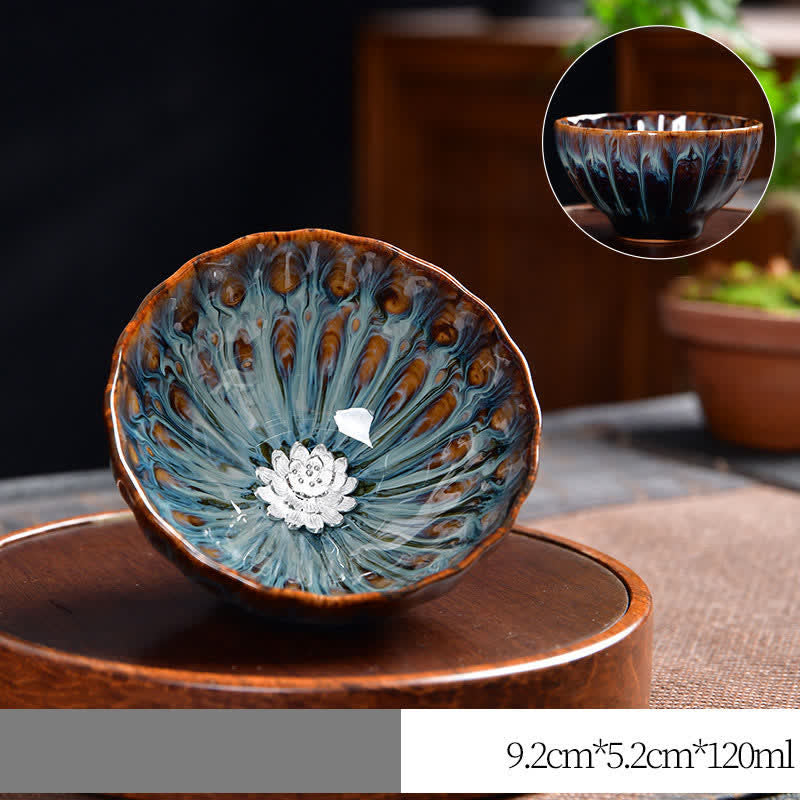 Tazas de té de cerámica con incrustaciones de Buddha Stones , loto, pavo real, dragón, fénix, pez koi, 120 ml - Plata - Loto - image 16