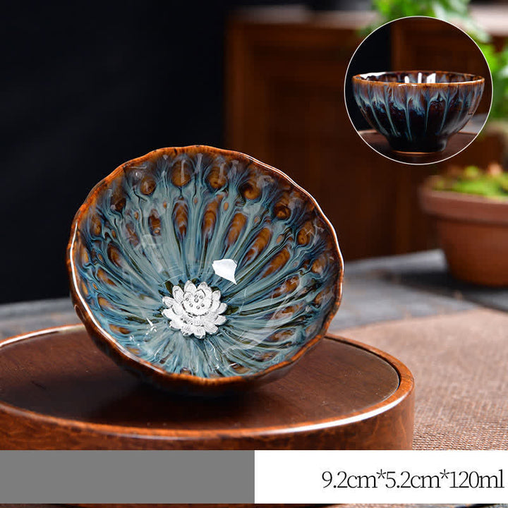 Tazas de té de cerámica con incrustaciones de Buddha Stones , loto, pavo real, dragón, fénix, pez koi, 120 ml - Plata - Loto - image 16