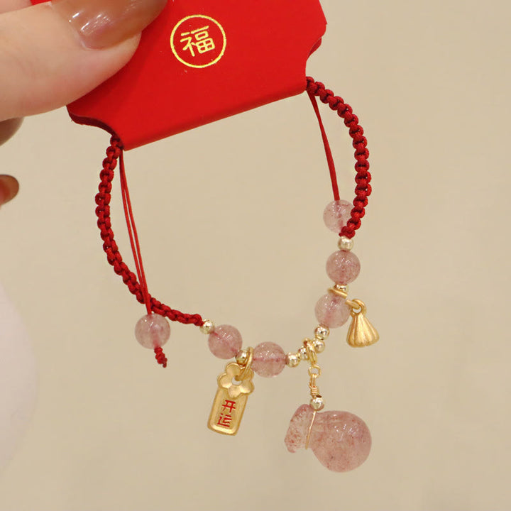 Pulsera trenzada de hilo rojo con Buddha Stones, bolsa de dinero de cuarzo fresa Natural, amuleto curativo de loto