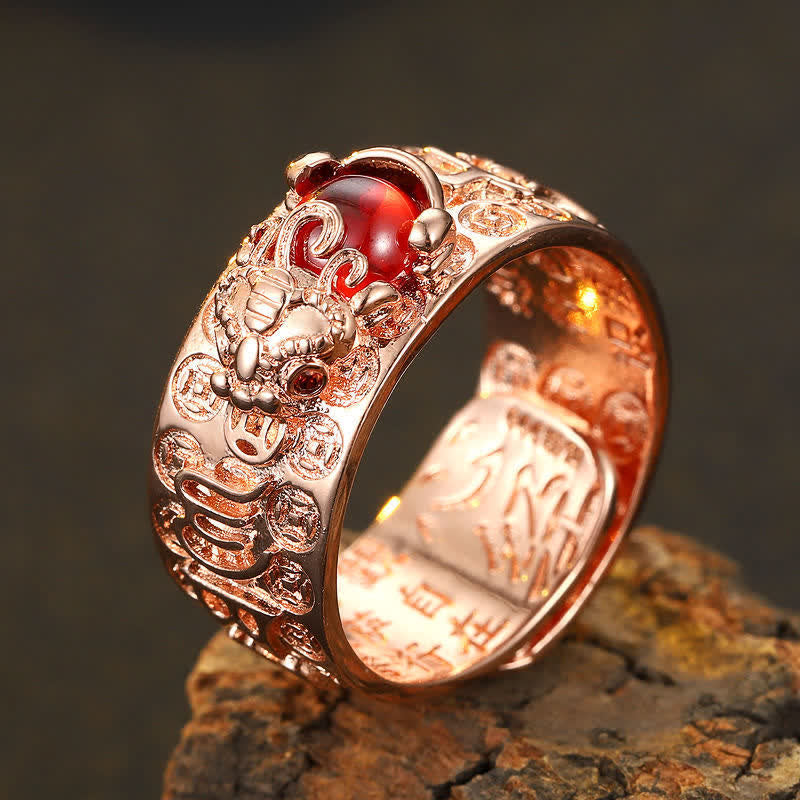 Anillo de riqueza Sutra con corazón de granate rojo FengShui PiXiu de Buddha Stones