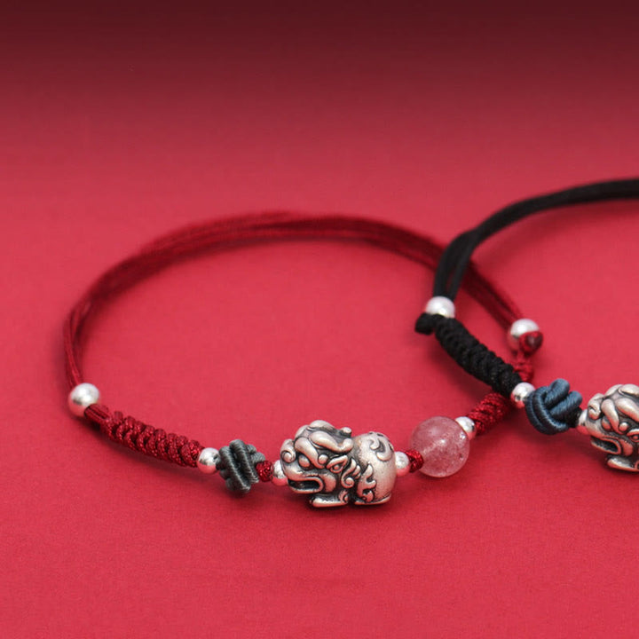 Pulsera trenzada de plata de ley 999 con Buddha Stones PiXiu, cuentas de cuarzo fresa, riqueza y suerte