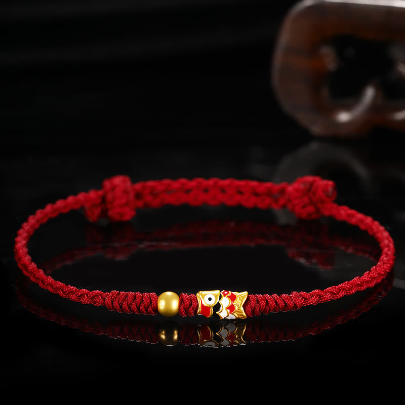 Pulsera de hilo trenzado hecha a mano con pez Koi de la suerte de oro 999 de Buddha Stones